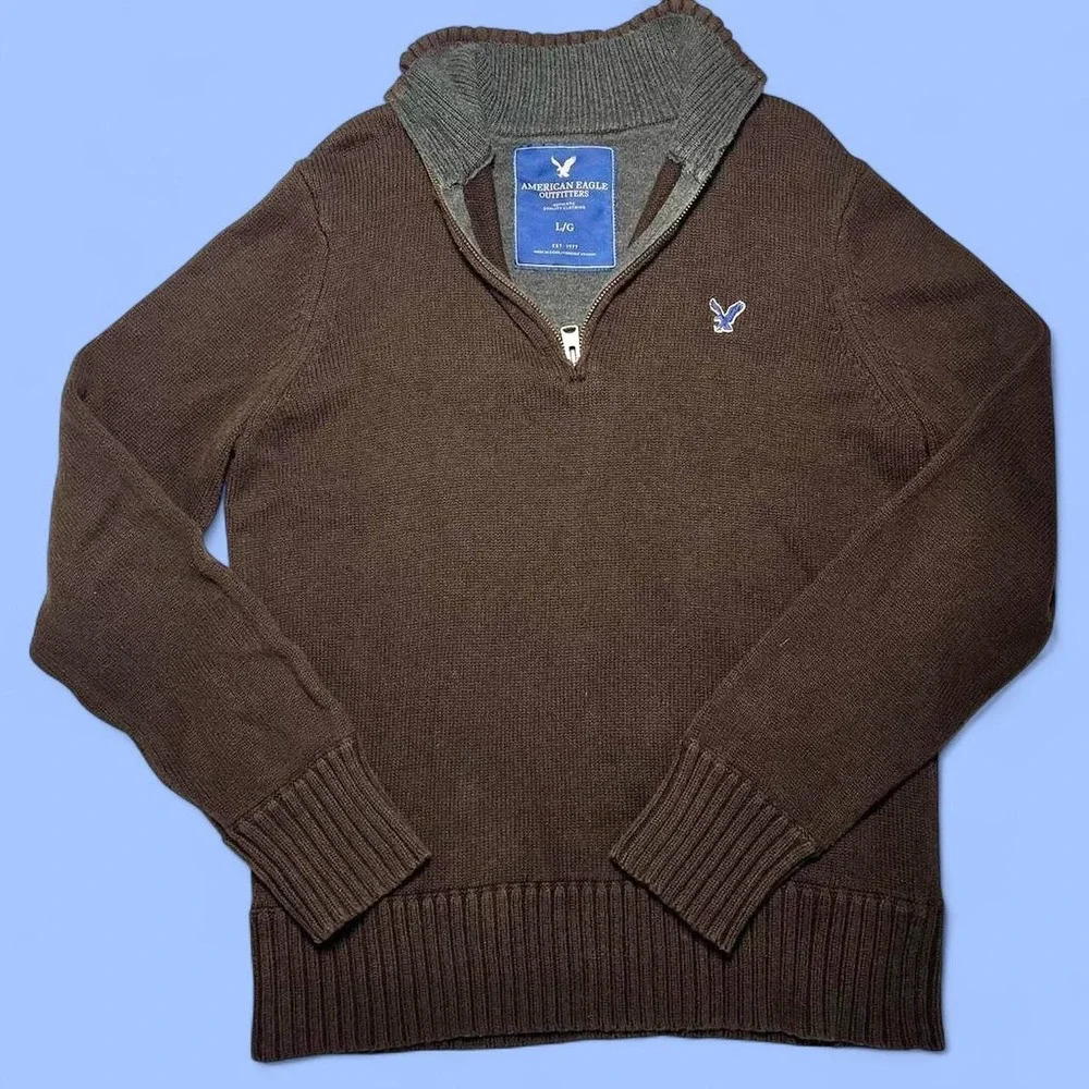 American Eagle 100% Cotton 1/4 Zip Ribbed Knit Sweater